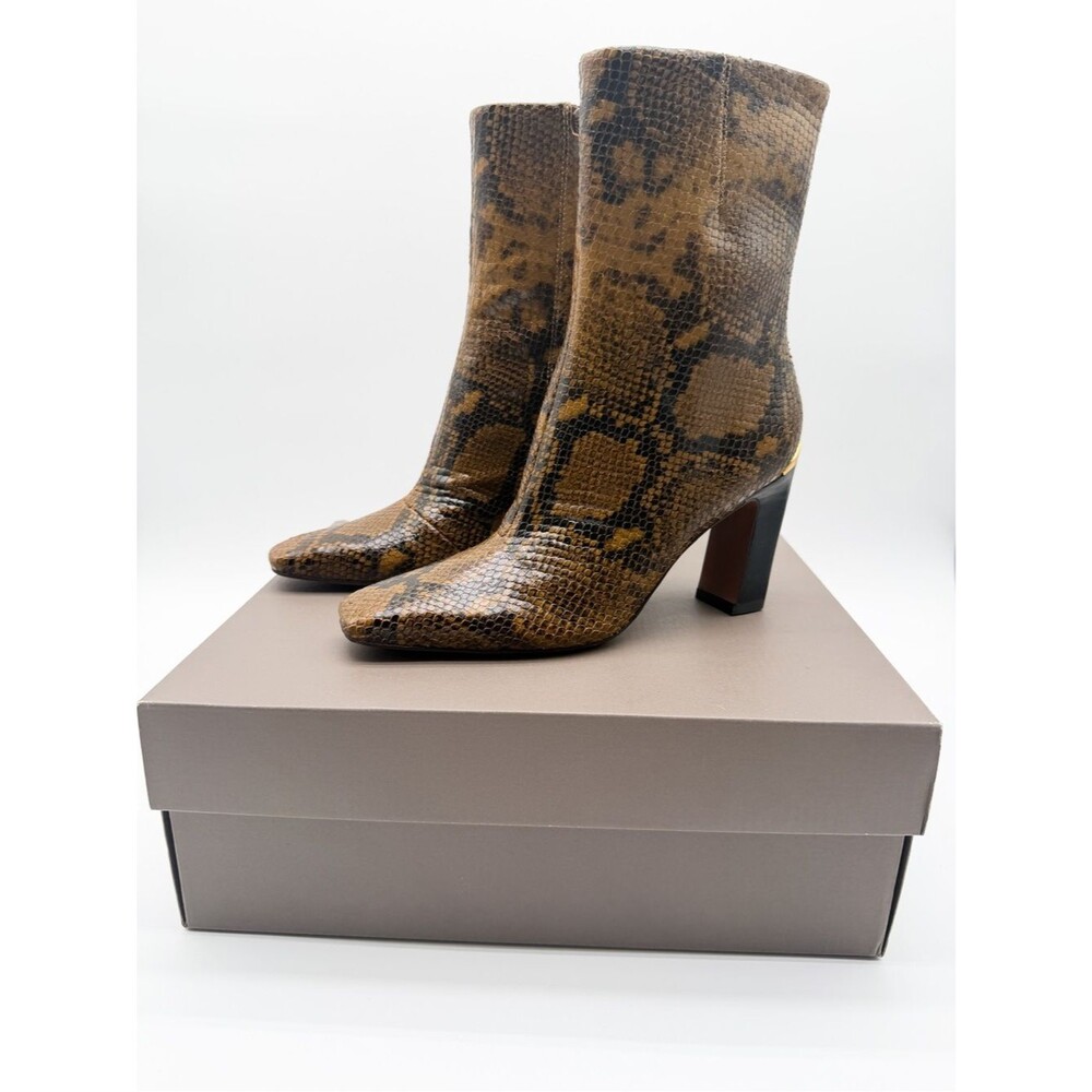 Franco Sarto Briar Snake Print Snip Toe Ankle Boots Block Heel Taupe Brown 6 NEW